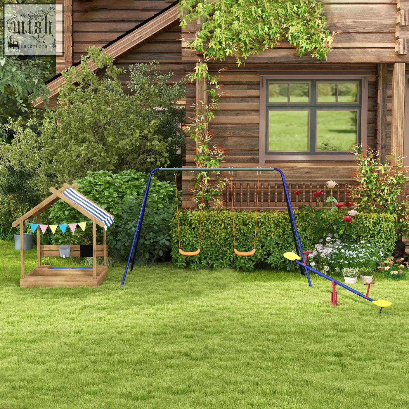 Blue metal swing set with orange seats and red-yellow seesaw beside brown fir wood wooden sandbox with bottomless design