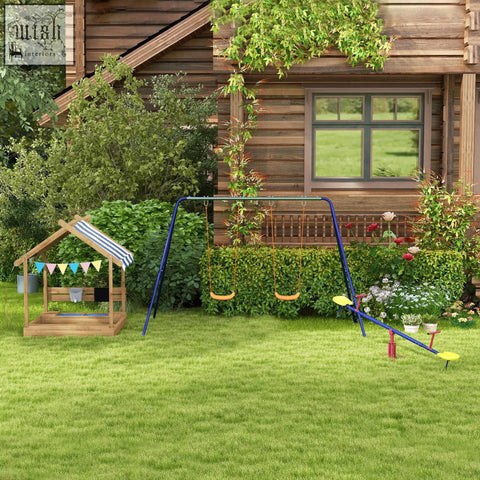 Blue metal swing set with orange seats and red-yellow seesaw beside brown fir wood wooden sandbox with bottomless design