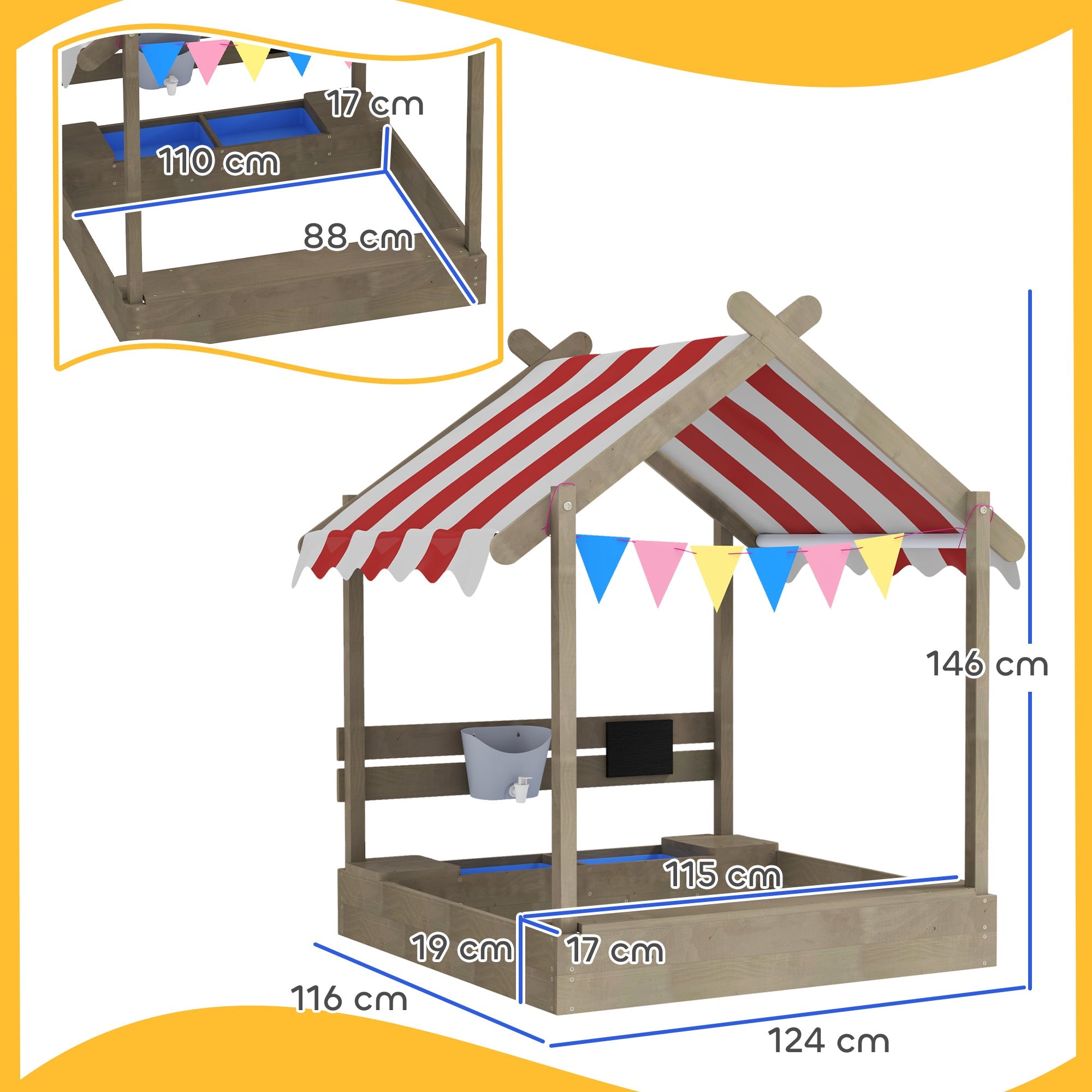 Outsunny house-designed fir wood wooden sandbox with bottomless design, red white canopy, colorful flags, and built-in water bucket