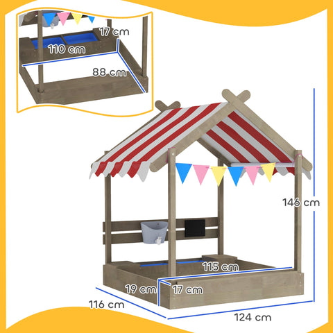Outsunny house-designed fir wood wooden sandbox with bottomless design, red white canopy, colorful flags, and built-in water bucket