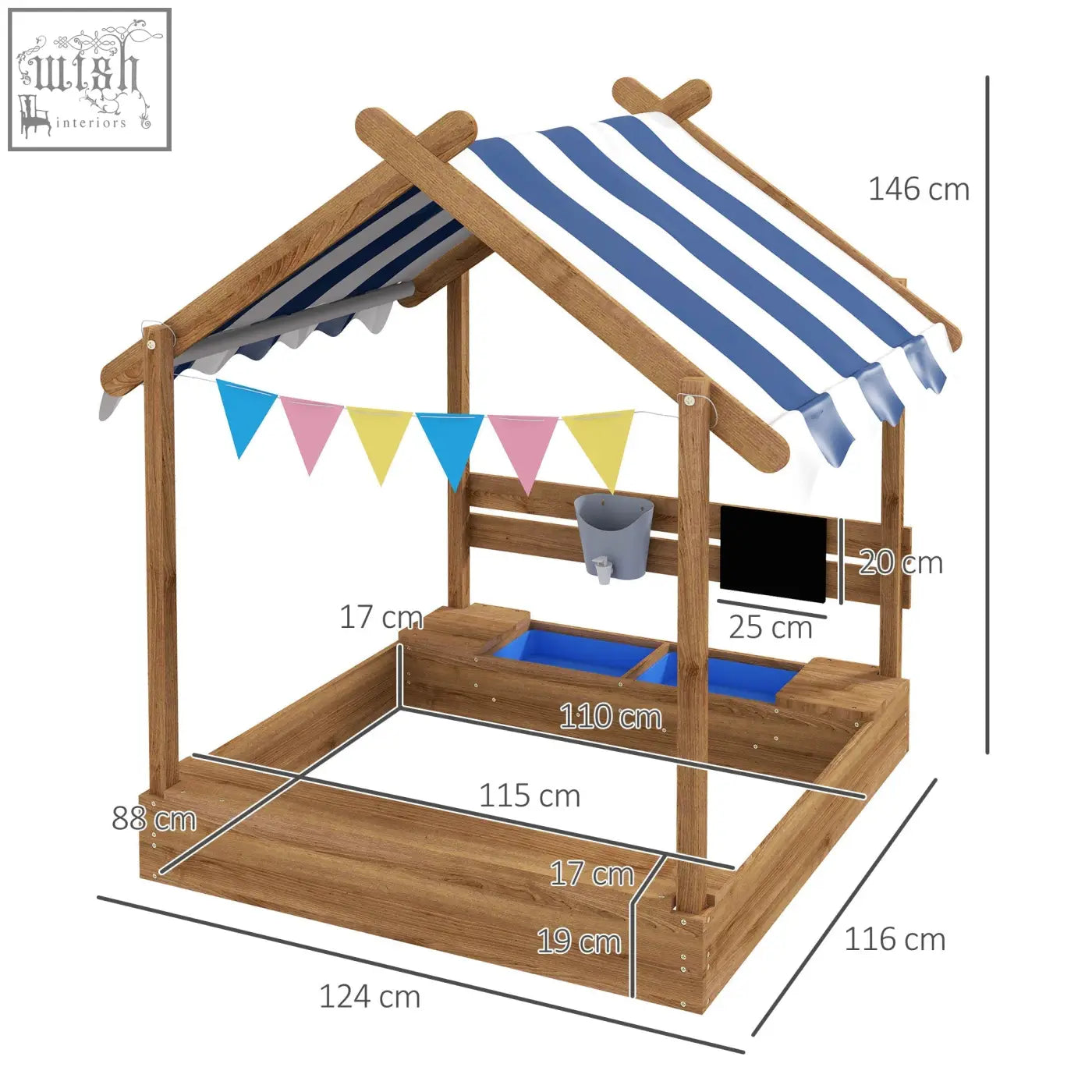 Outsunny wooden sandbox with bottomless design fir wood blue and white canopy colorful flags outdoor playhouse