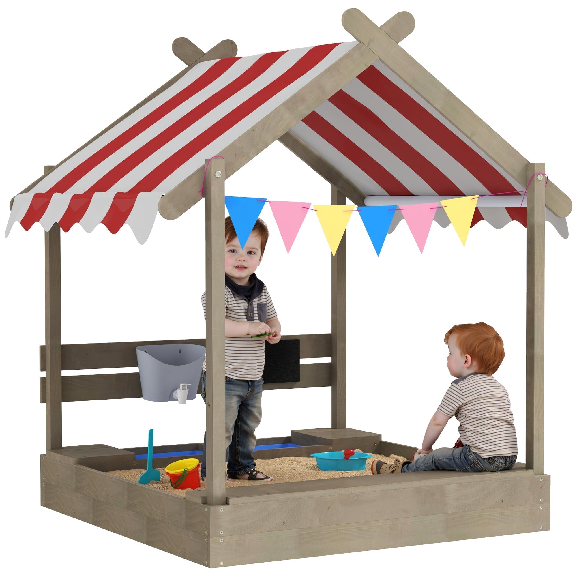Outsunny house-designed bottomless fir wood sandbox with red and white canopy and colorful flags for kids 3-7 years