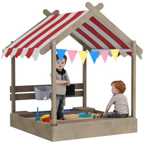 Outsunny house-designed bottomless fir wood sandbox with red and white canopy and colorful flags for kids 3-7 years