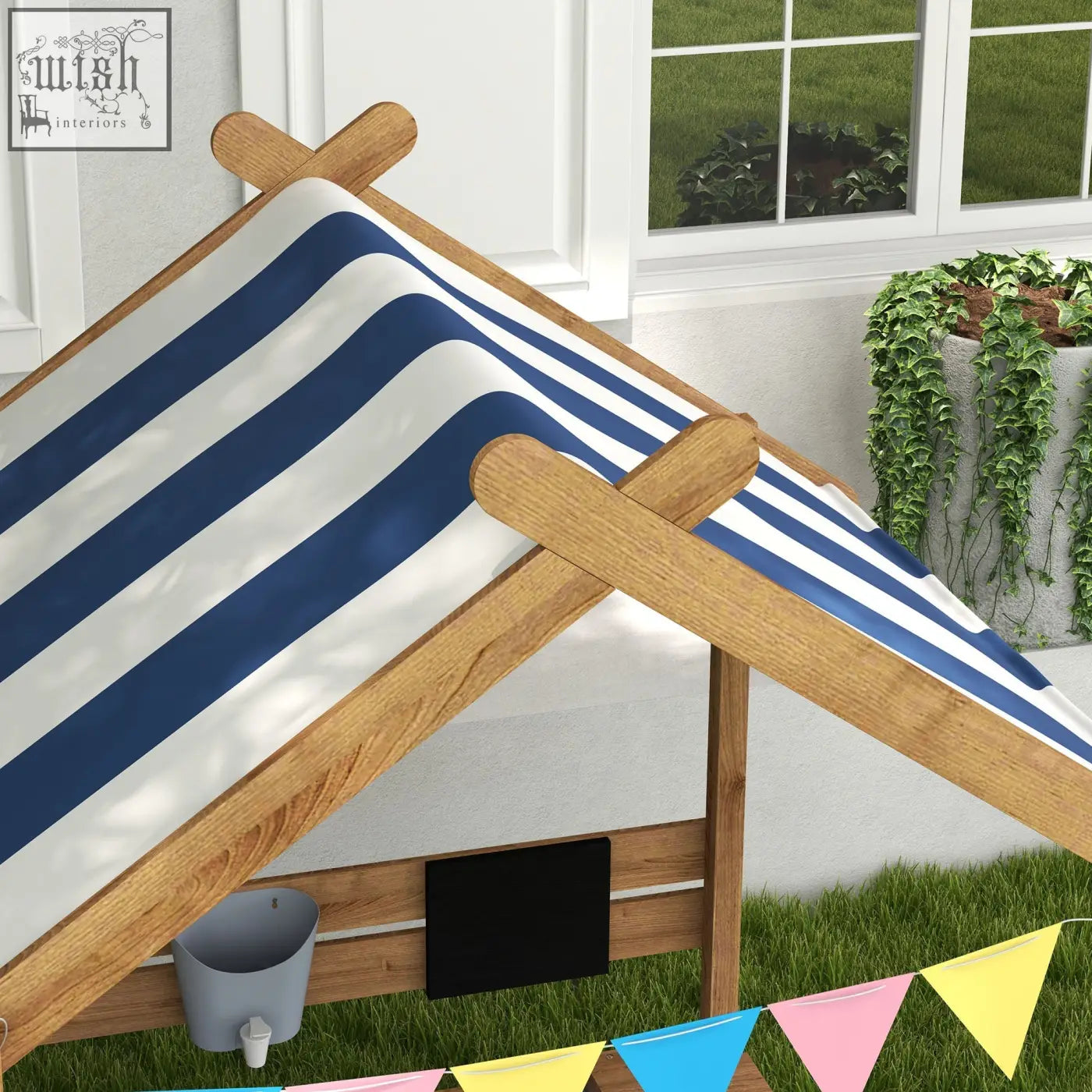Outsunny wooden sandbox with fir wood frame and blue white striped canopy tent featuring bottomless design
