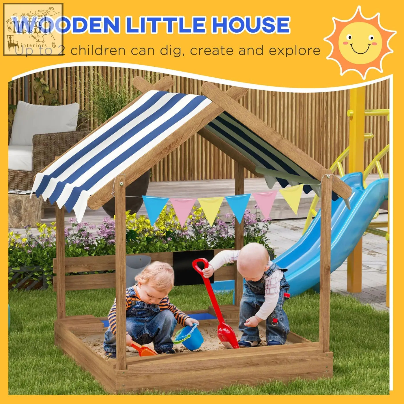 Outsunny wooden sandbox with bottomless design fir wood build blue striped canopy and attached slide for kids outdoors