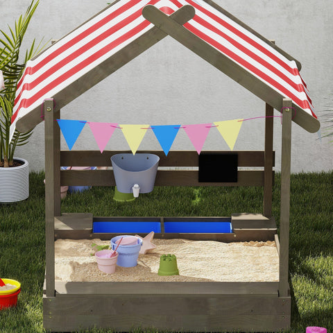 Outsunny house-designed wooden sandbox with fir wood, bottomless design, red white canopy, bunting flags, and toys for kids 3-7 years