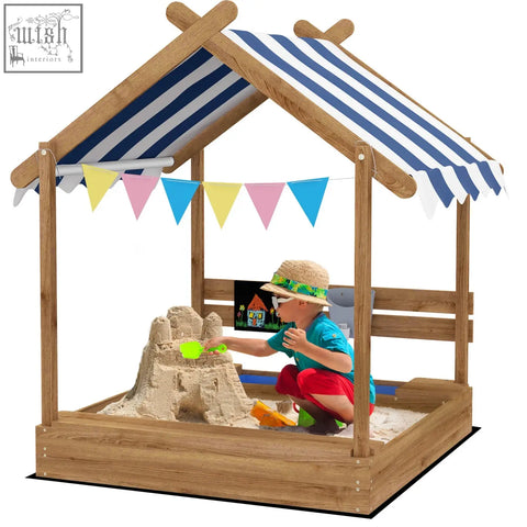 Outsunny wooden sandbox with fir wood bottomless design, blue and white canopy, colorful flags for kids 3-7 years