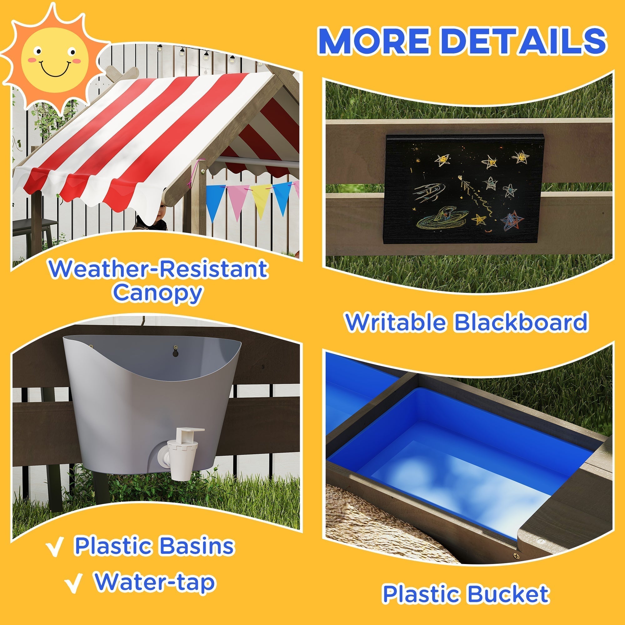 Outsunny red and white striped canopy with weather-resistant design on fir wood wooden sandbox for kids aged 3-7