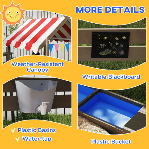 Outsunny red and white striped canopy with weather-resistant design on fir wood wooden sandbox for kids aged 3-7