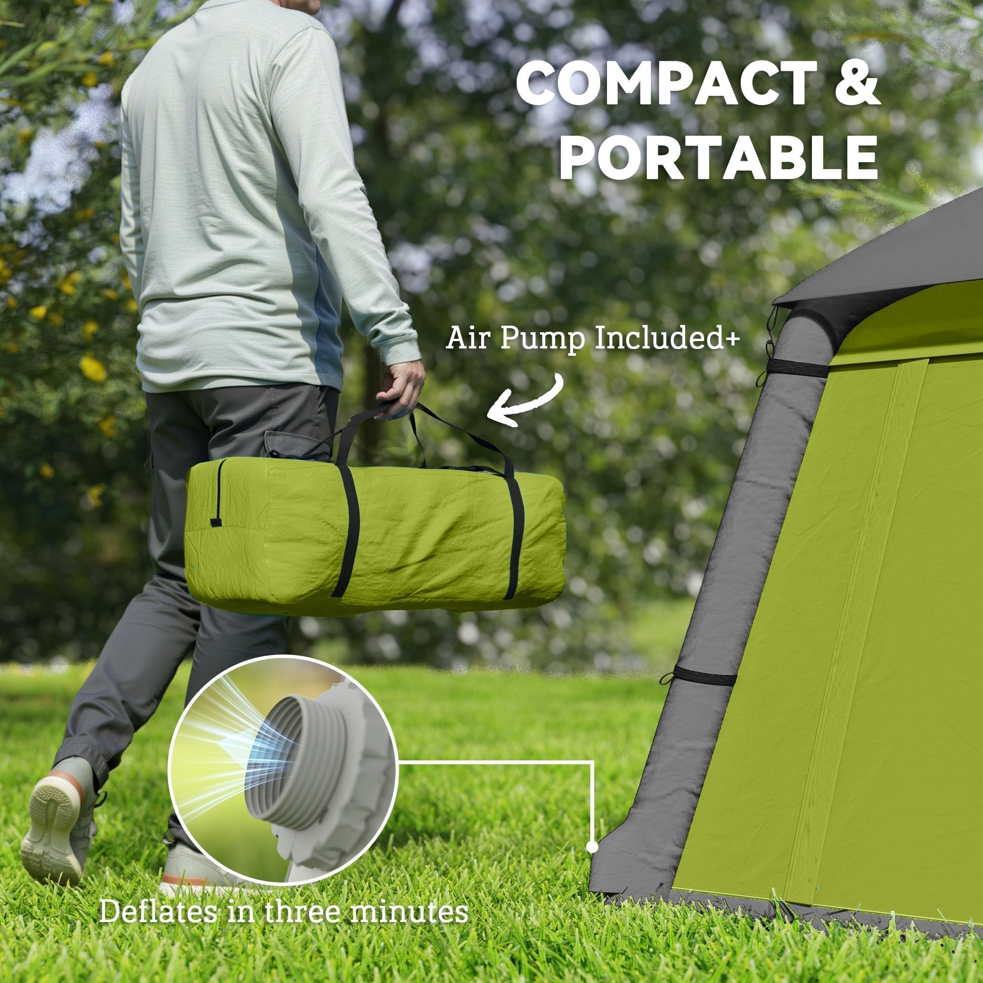 Compact lime green and gray outsunny inflatable camping tent made with 190t taffeta includes air pump and carry bag