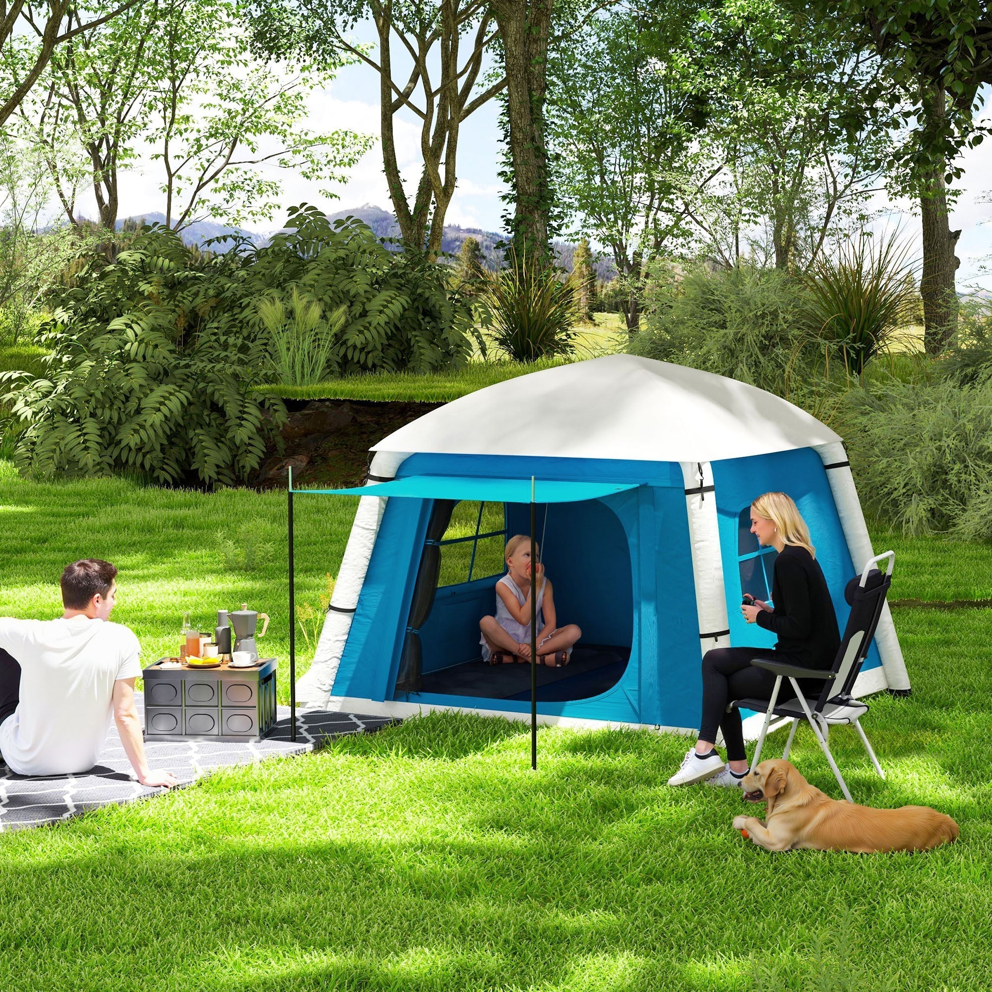 Blue and white outsunny inflatable camping tent with canopy roof made of waterproof 190t taffeta with air pump and carry bag