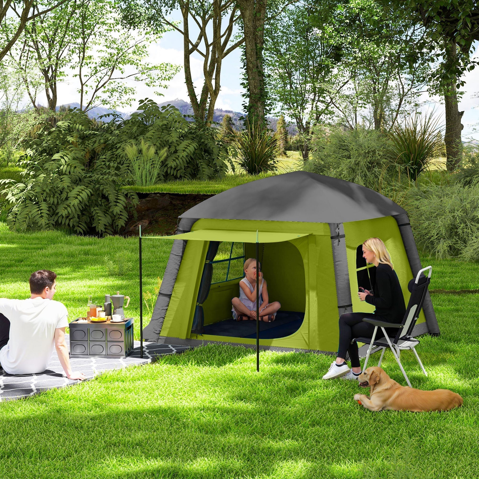 Outsunny lime green and gray inflatable family tent with peaked roof made of 190t taffeta includes air pump and carry bag