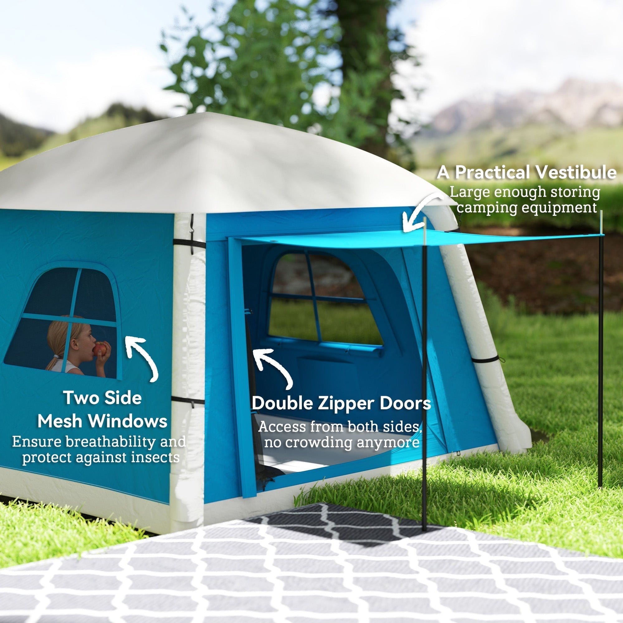 Blue and white outsunny inflatable camping tent made of 190t taffeta with mesh windows, double zipper doors, air pump, and carry bag