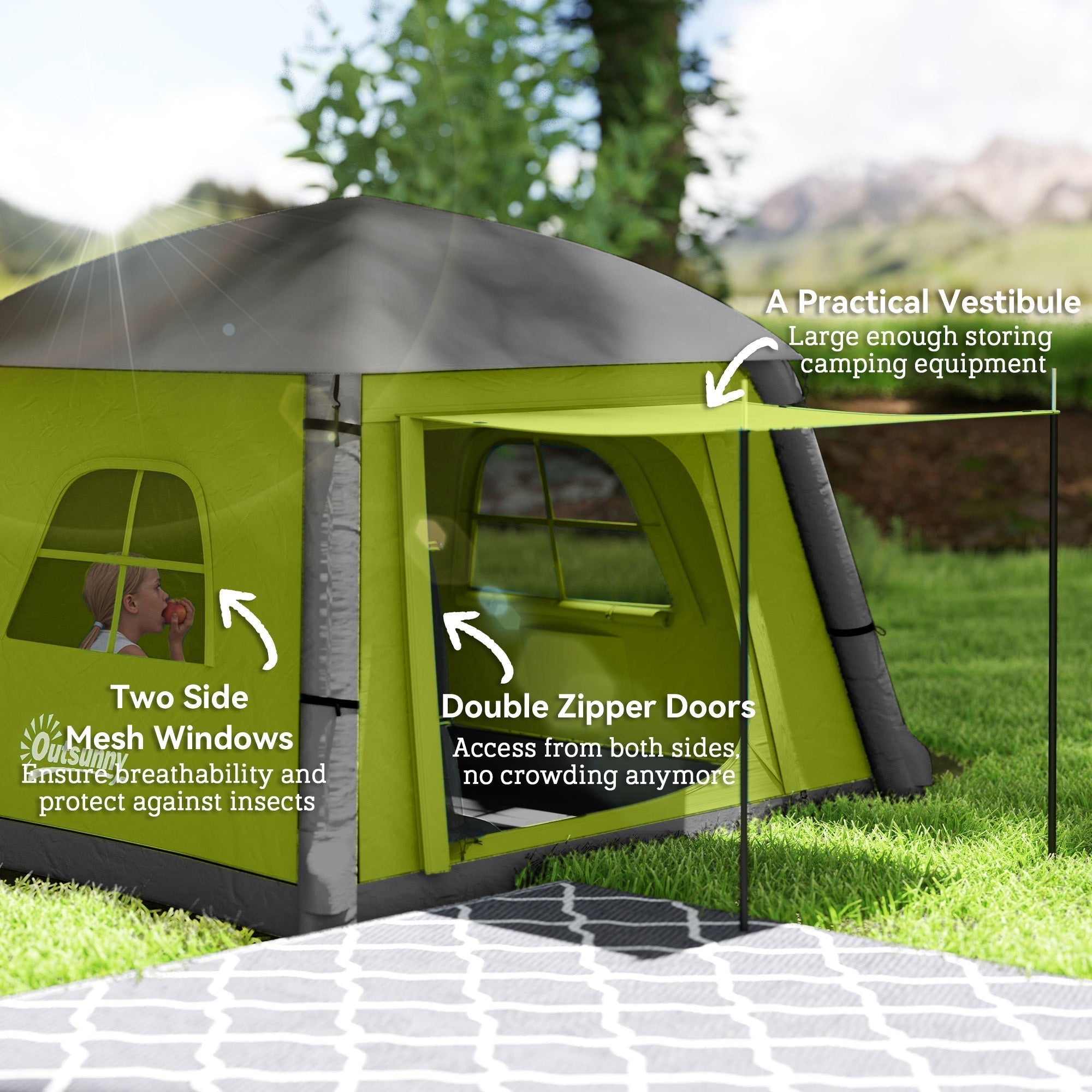 A lime green and gray outsunny inflatable camping tent made of 190t taffeta with mesh windows double doors and carry bag air pump included