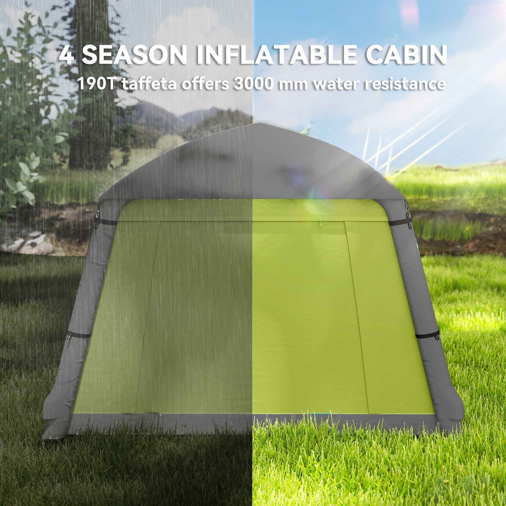 Outsunny inflatable camping tent with gray and lime green 190t taffeta, air pump, mesh windows, and carry bag for easy setup
