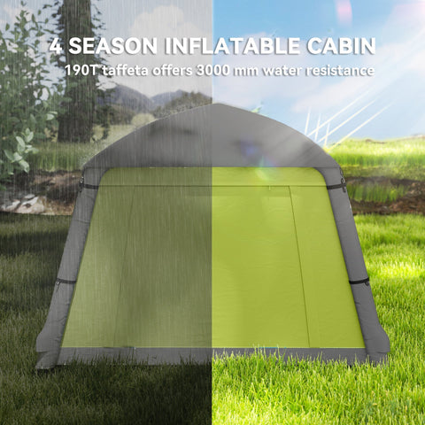 Outsunny inflatable camping tent with gray and lime green 190t taffeta, air pump, mesh windows, and carry bag for easy setup