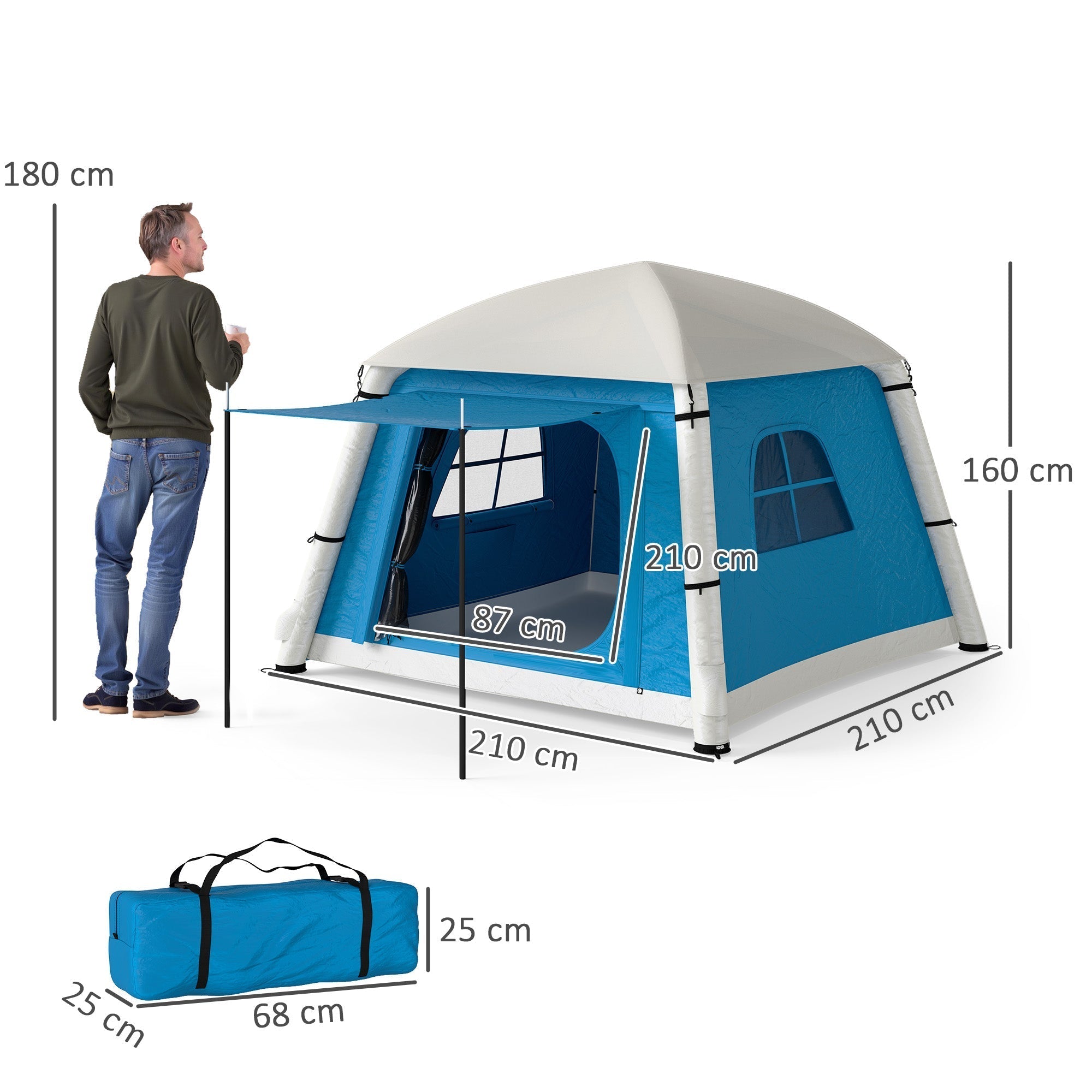 Blue and white outsunny inflatable camping tent with front window side awning reinforced poles 190t taffeta and carry bag