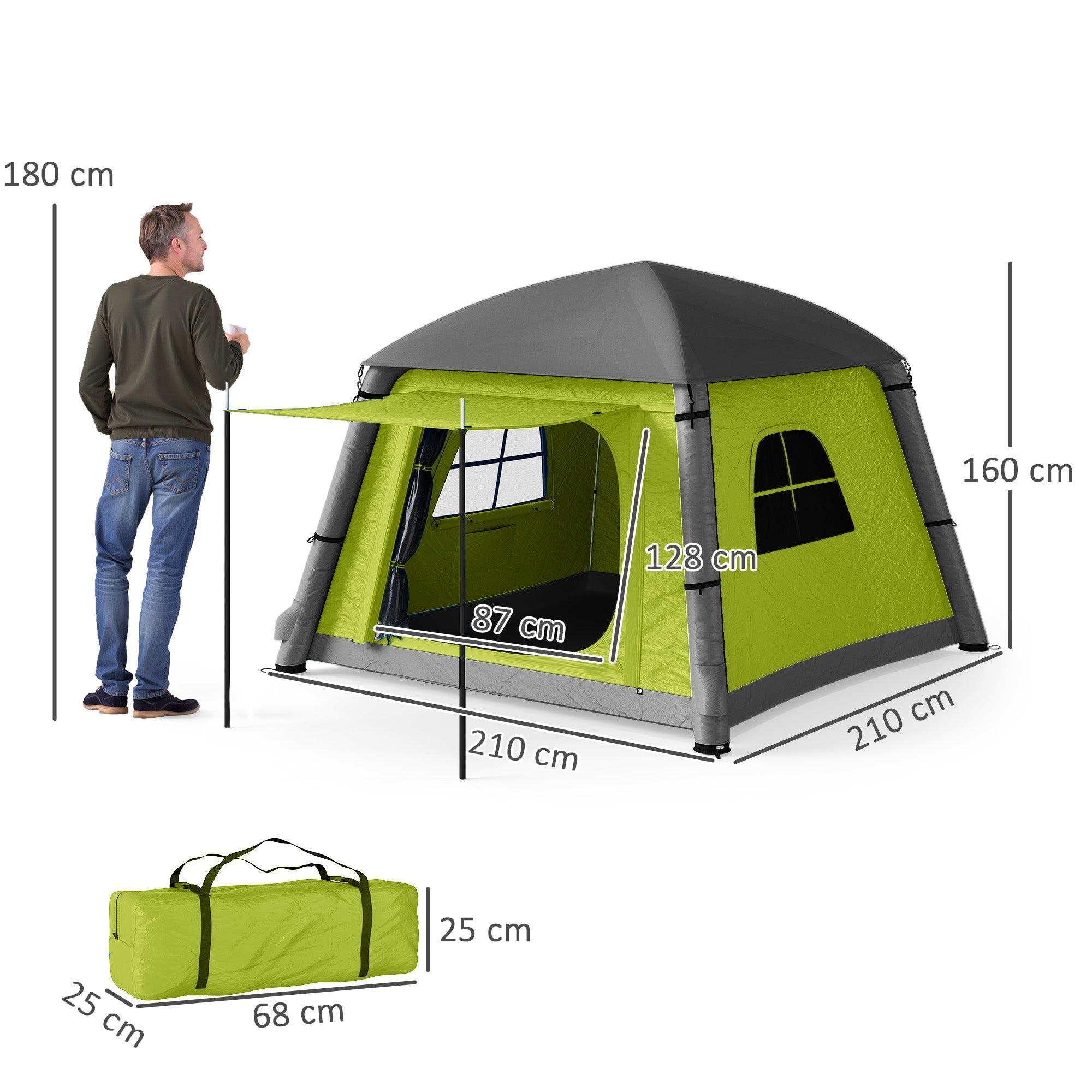 Lime green and gray outsunny inflatable camping tent with peaked roof made of 190t taffeta includes air pump and carry bag