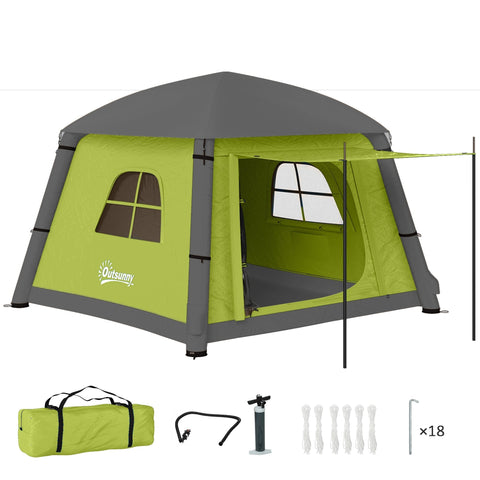 Outsunny lime green and gray inflatable camping tent with windowed front panel made of 190t taffeta includes air pump and carry bag