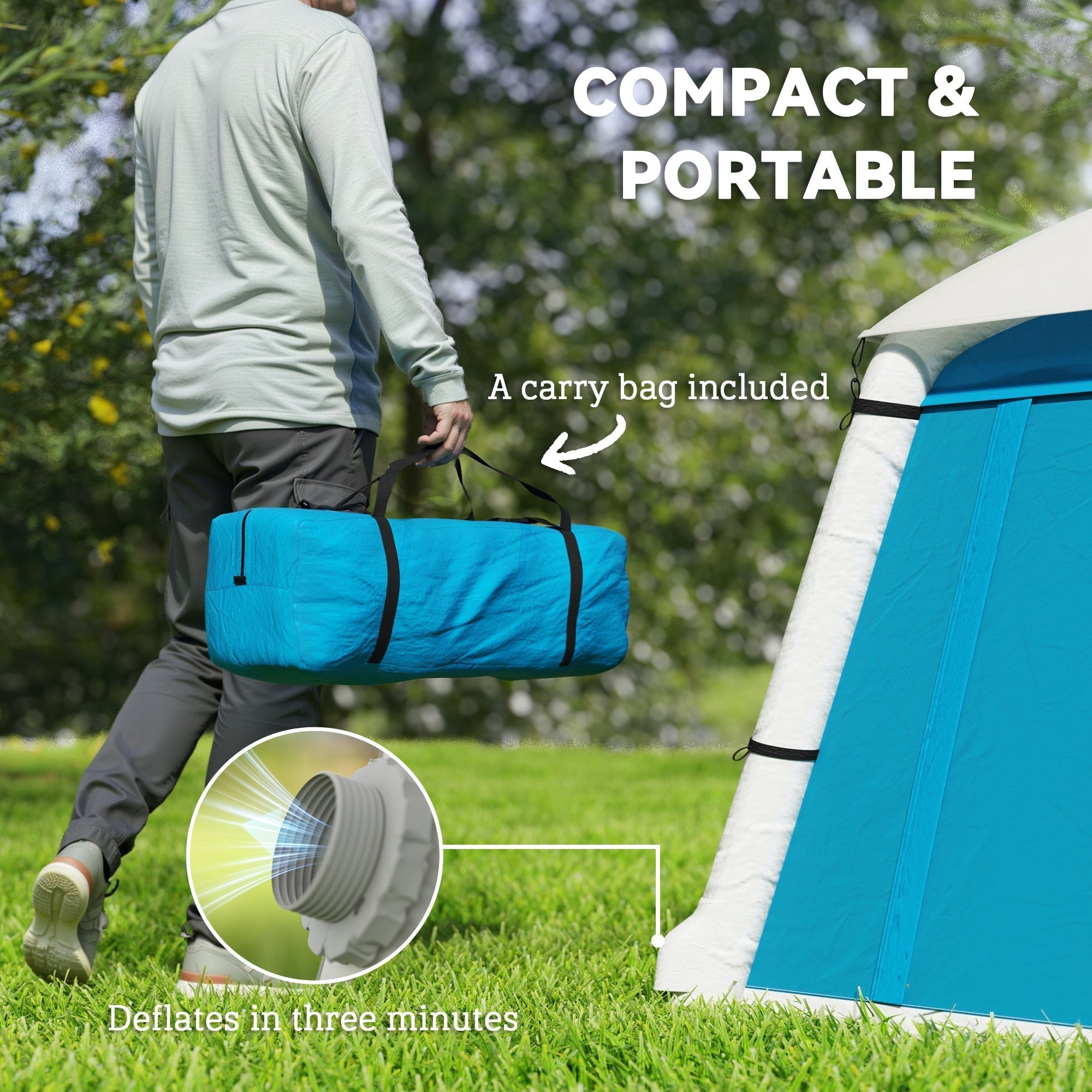 Blue outsunny inflatable camping tent with air pump made of waterproof 190t taffeta and includes carry bag