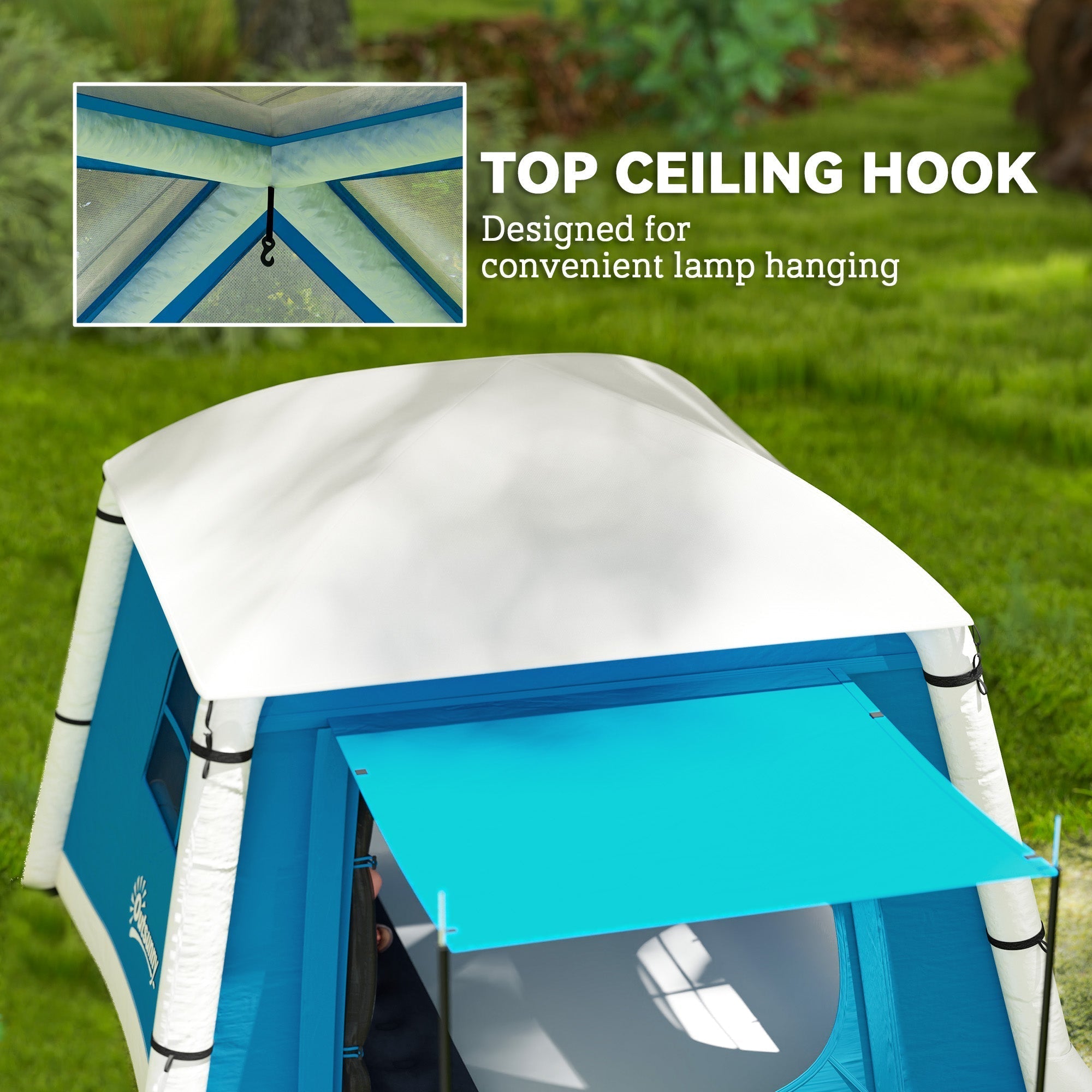 Blue and white outsunny inflatable camping tent with 190t taffeta, mesh windows, top hook, air pump, and carry bag