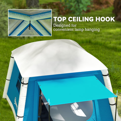 Blue and white outsunny inflatable camping tent with 190t taffeta, mesh windows, top hook, air pump, and carry bag