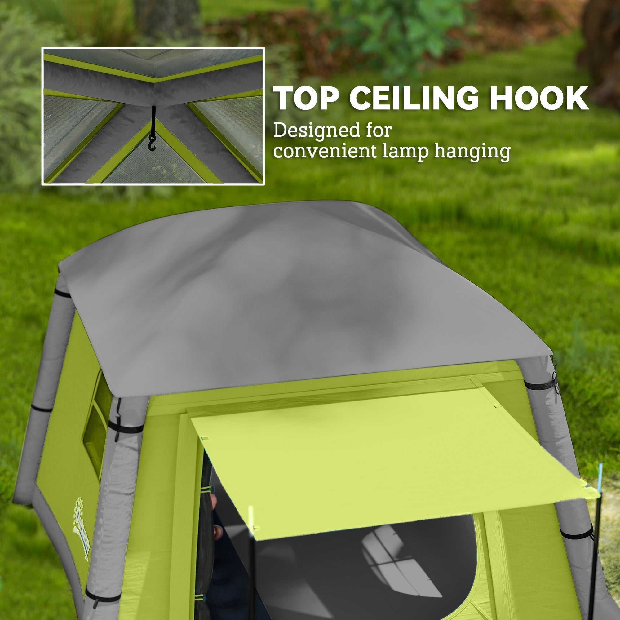 Lime green and gray outsunny inflatable camping tent with 190t taffeta mesh windows and carry bag includes air pump and ceiling hook