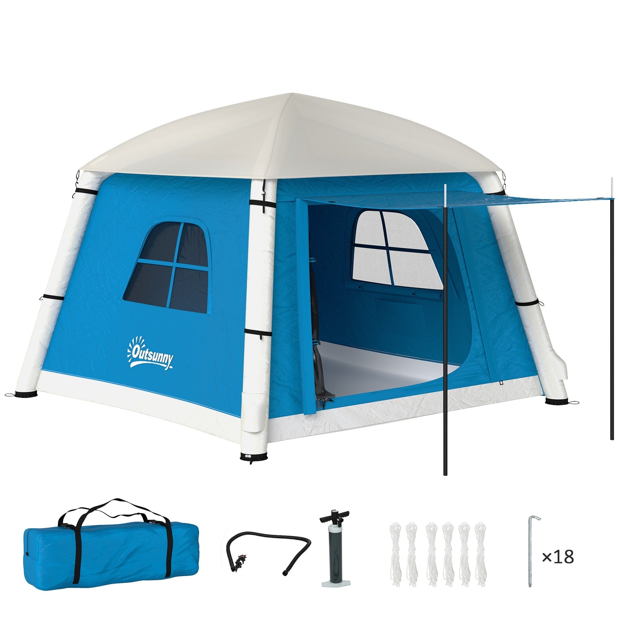 Blue and white outsunny inflatable camping tent with peaked roof made of waterproof 190t taffeta includes air pump and carry bag