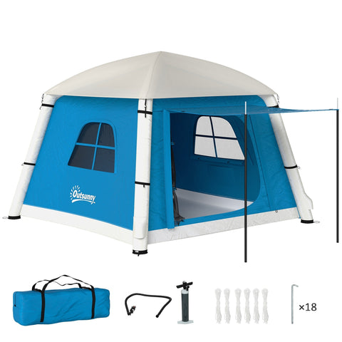 Blue and white outsunny inflatable camping tent with peaked roof made of waterproof 190t taffeta includes air pump and carry bag