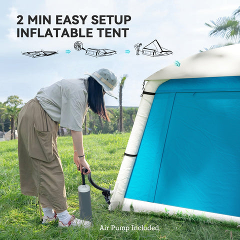 Blue and white outsunny inflatable camping tent with air pump easy setup 190t taffeta mesh windows and carry bag