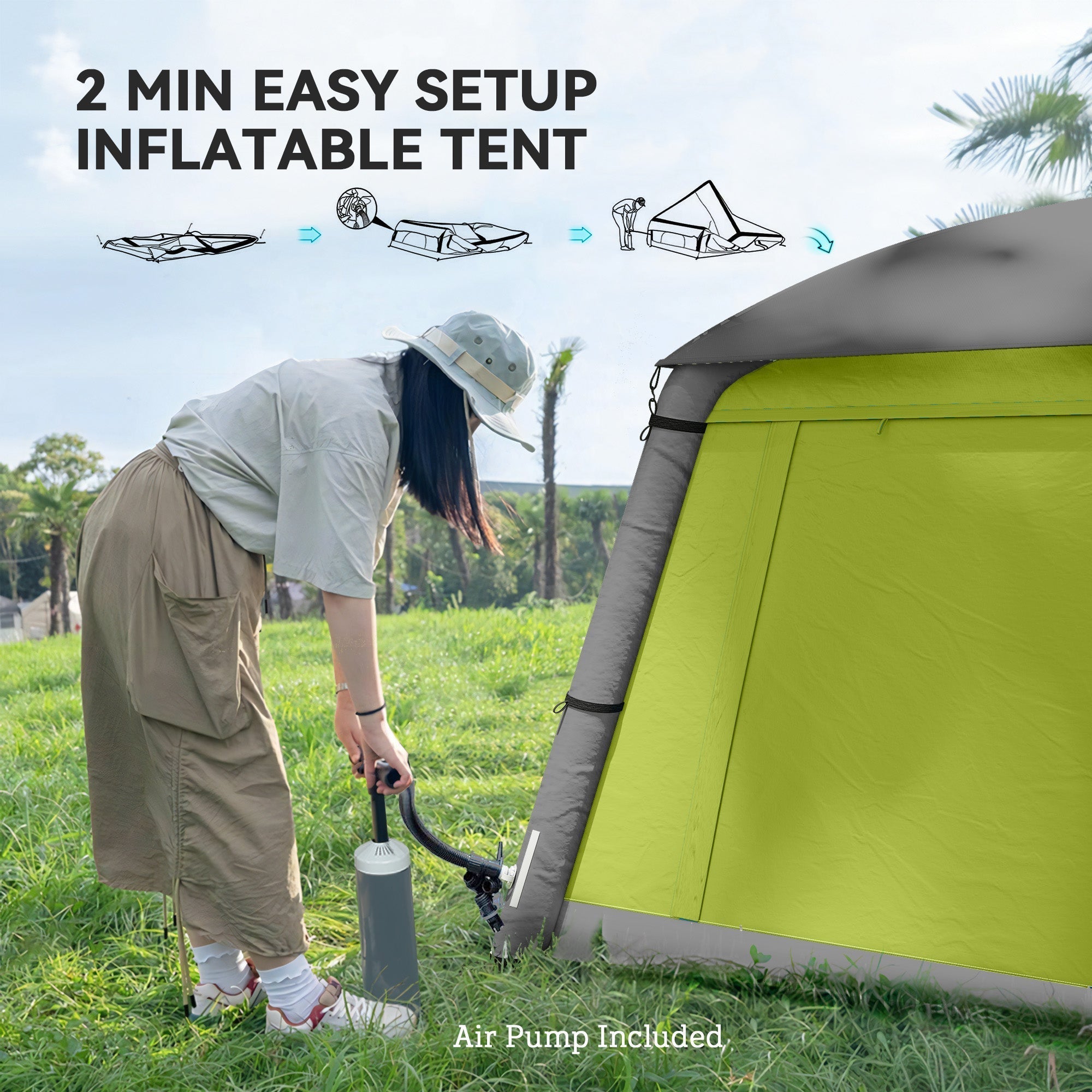 Outsunny lime green inflatable camping tent with gray trim made of 190t taffeta includes air pump and carry bag