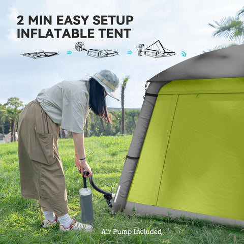 Outsunny lime green inflatable camping tent with gray trim made of 190t taffeta includes air pump and carry bag