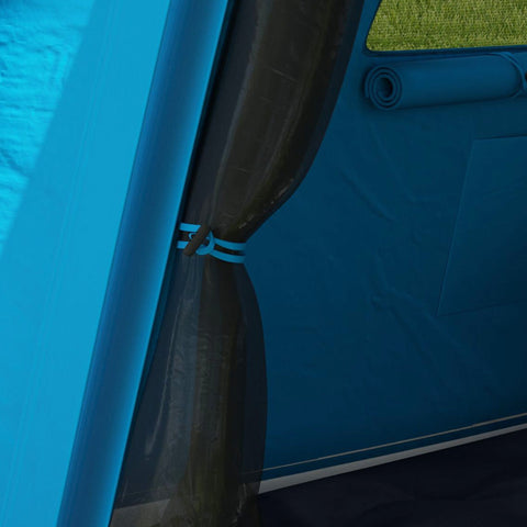 Blue mesh curtain tied with matching strap inside light blue outsunny inflatable camping tent with 190t taffeta and carry bag