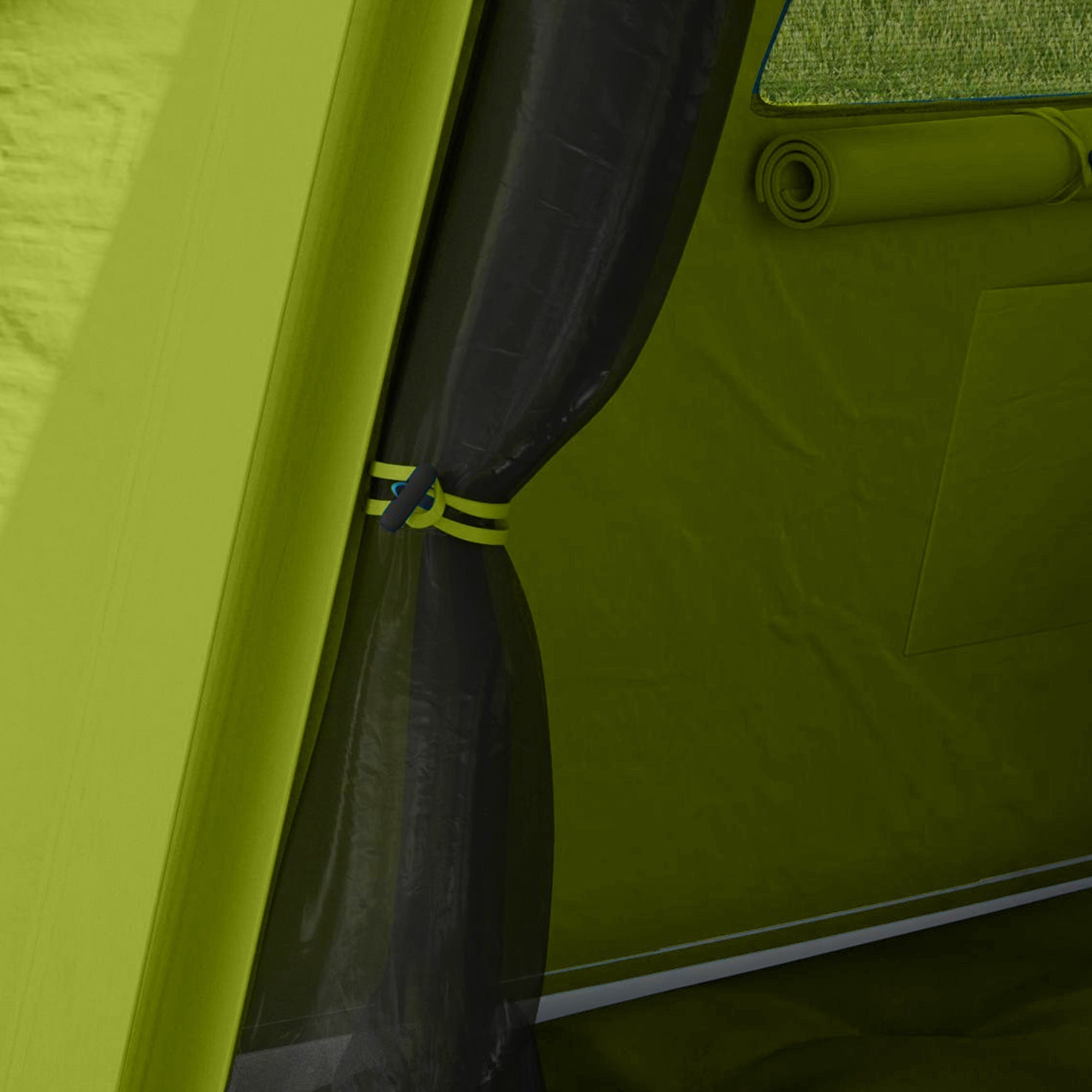 Black mesh tent curtain on outsunny inflatable camping tent with 190t taffeta mesh windows and yellow blue tie strap near carry bag