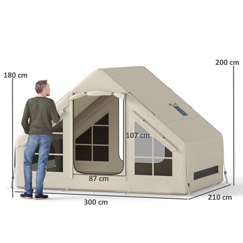 Beige outsourcing inflatable camping tent with 420d oxford fabric mesh windows front door and carry bag measuring 300x210 cm