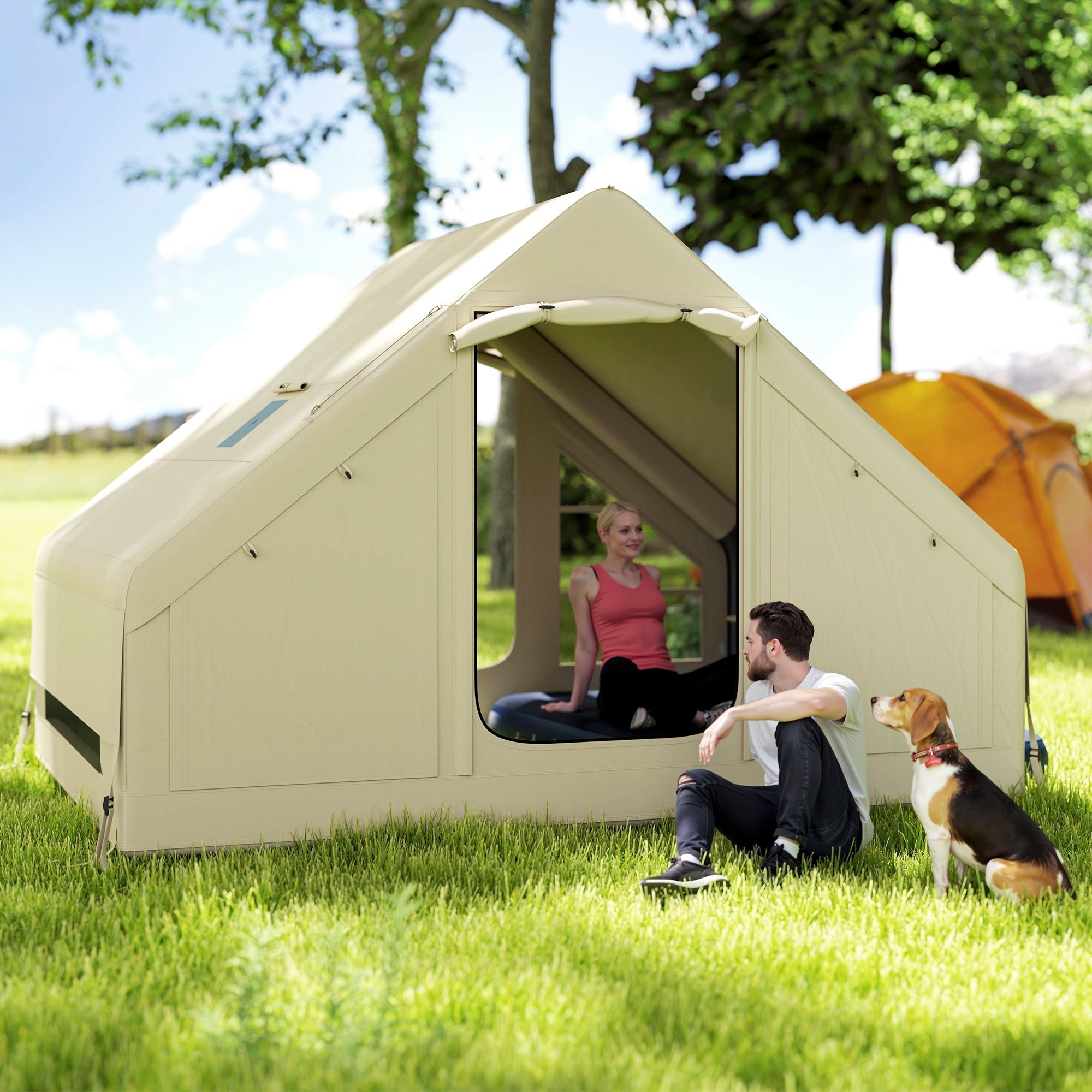 Cream-colored outsunny inflatable a-frame tent with large window made of 420d oxford fabric and carry bag included
