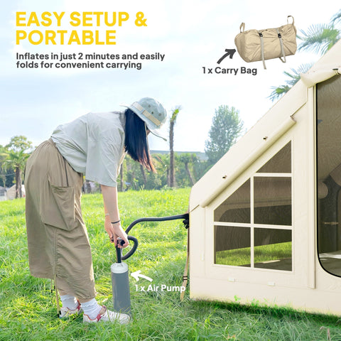 Beige outsunny inflatable camping tent made of 420d oxford fabric with windowed front and included carry bag