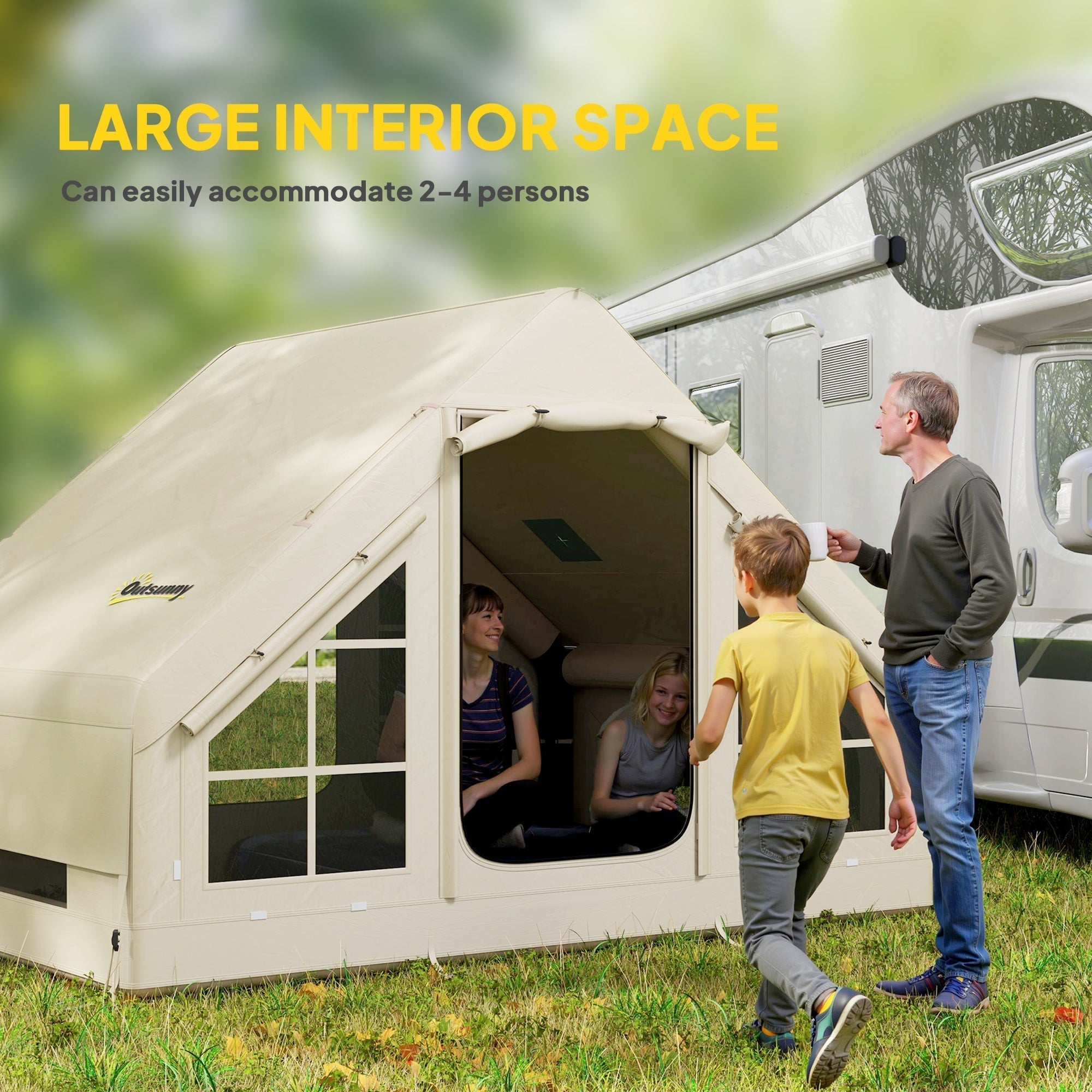 Beige outsunny inflatable camping tent made of 420d oxford fabric with carry bag for 2-4 people easy setup