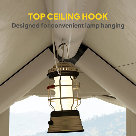 Vintage-style lantern with brass frame hanging inside beige outsunny inflatable camping tent made with 420d oxford fabric and carry bag