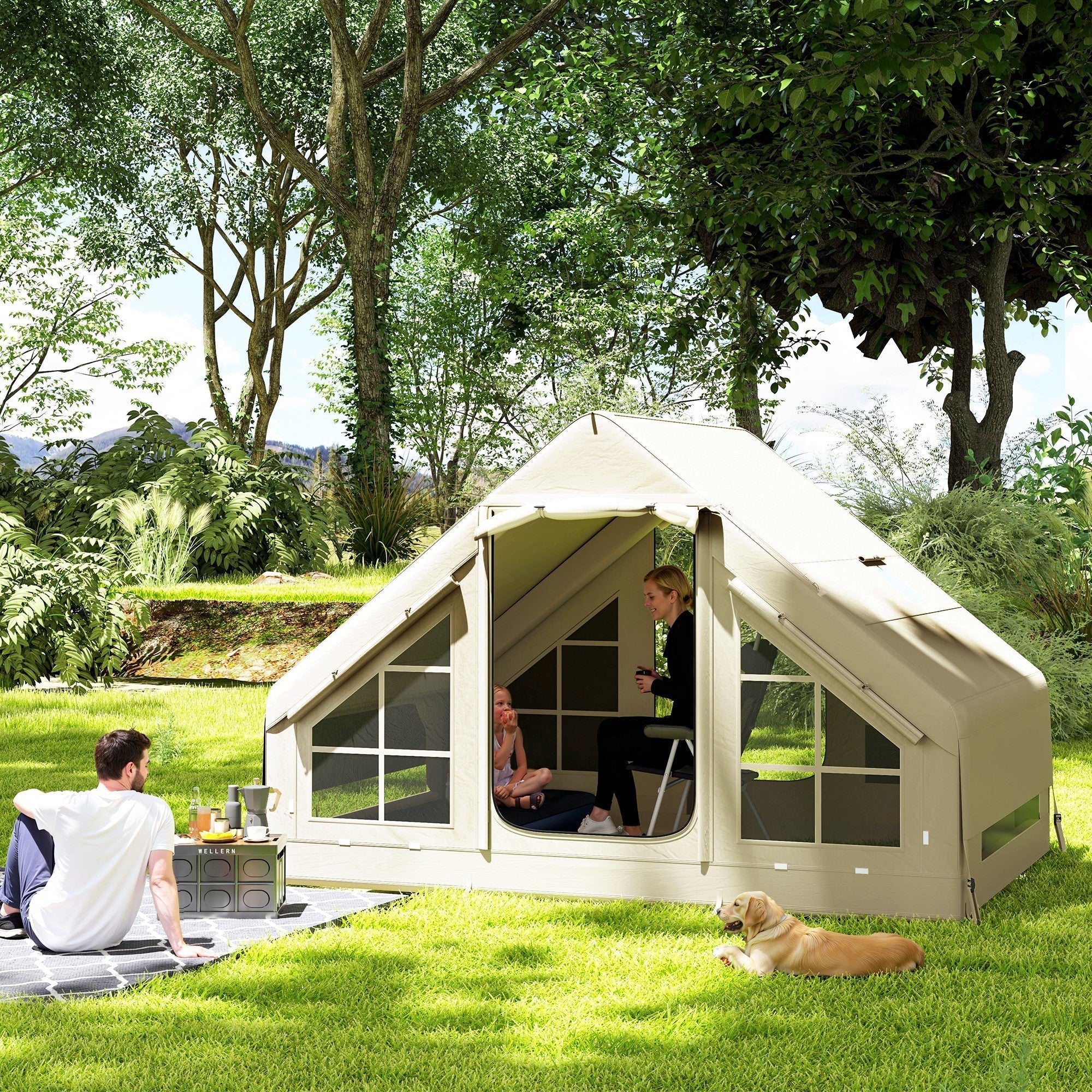 Beige outsunny inflatable camping tent with mesh windows made of 420d oxford fabric includes carry bag and pump