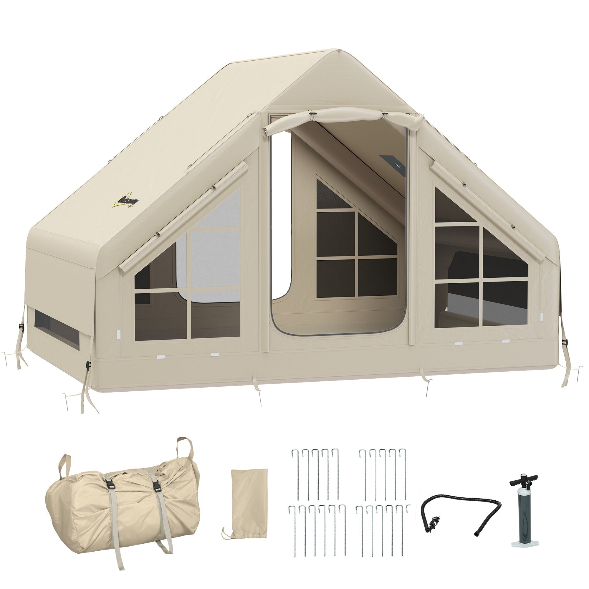 Beige oxford fabric outsunny inflatable camping tent with transparent windows front door and carry bag for easy setup