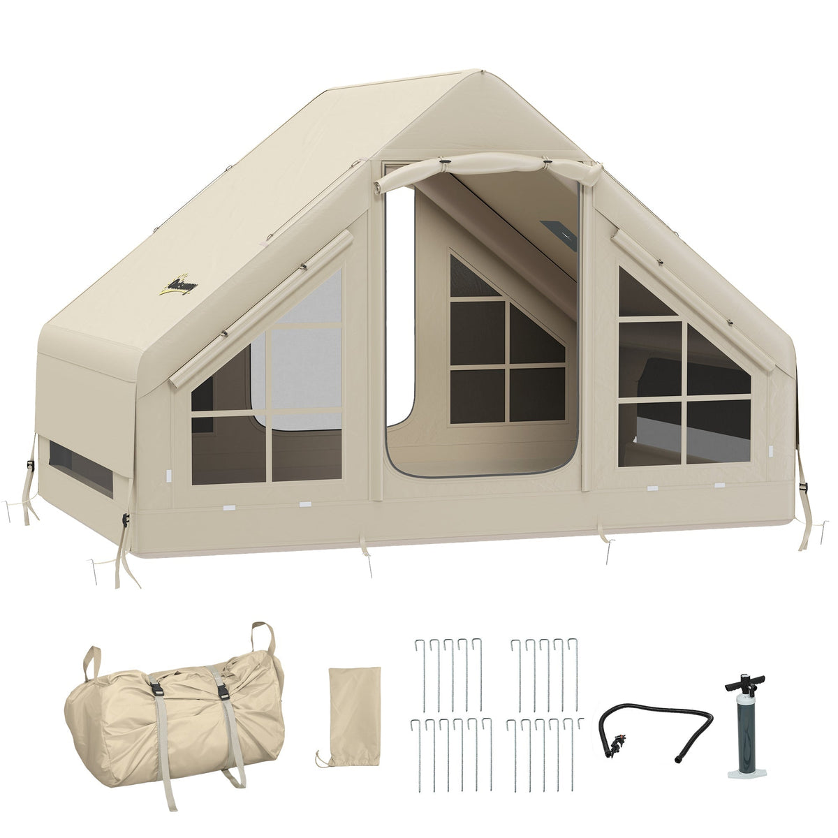 Beige oxford fabric outsunny inflatable camping tent with transparent windows front door and carry bag for easy setup