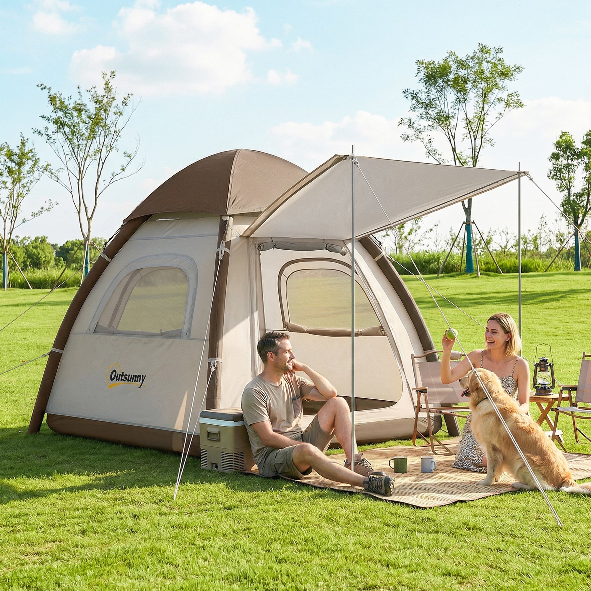 Beige and brown out sunny inflatable camping tent with canopy extension and 3000mm waterproof rainfly for 3 people