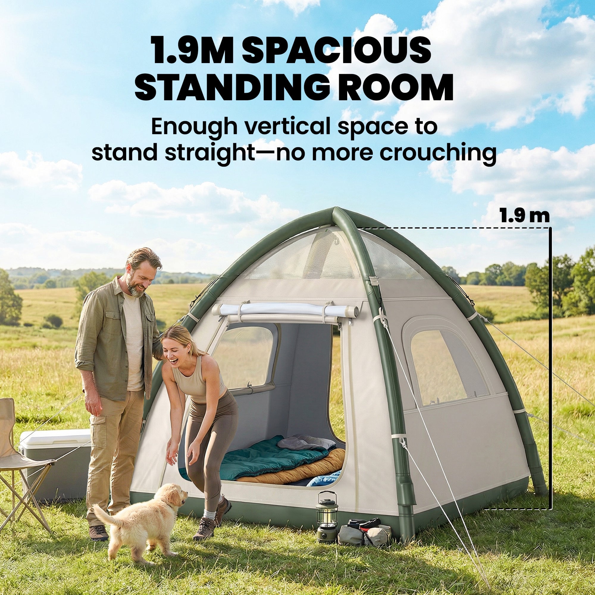 Beige and green outsunny inflatable camping tent with 1.9 meter standing height and 3000mm waterproof rainfly