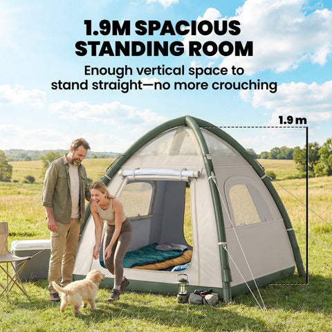 Beige and green outsunny inflatable camping tent with 1.9 meter standing height and 3000mm waterproof rainfly