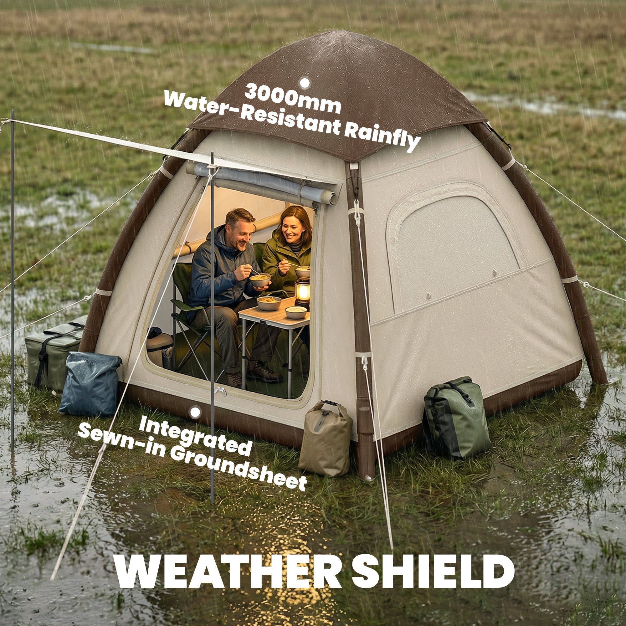 Beige and brown inflatable camping tent with 3000mm waterproof rainfly by outsunny for 3 person camping use