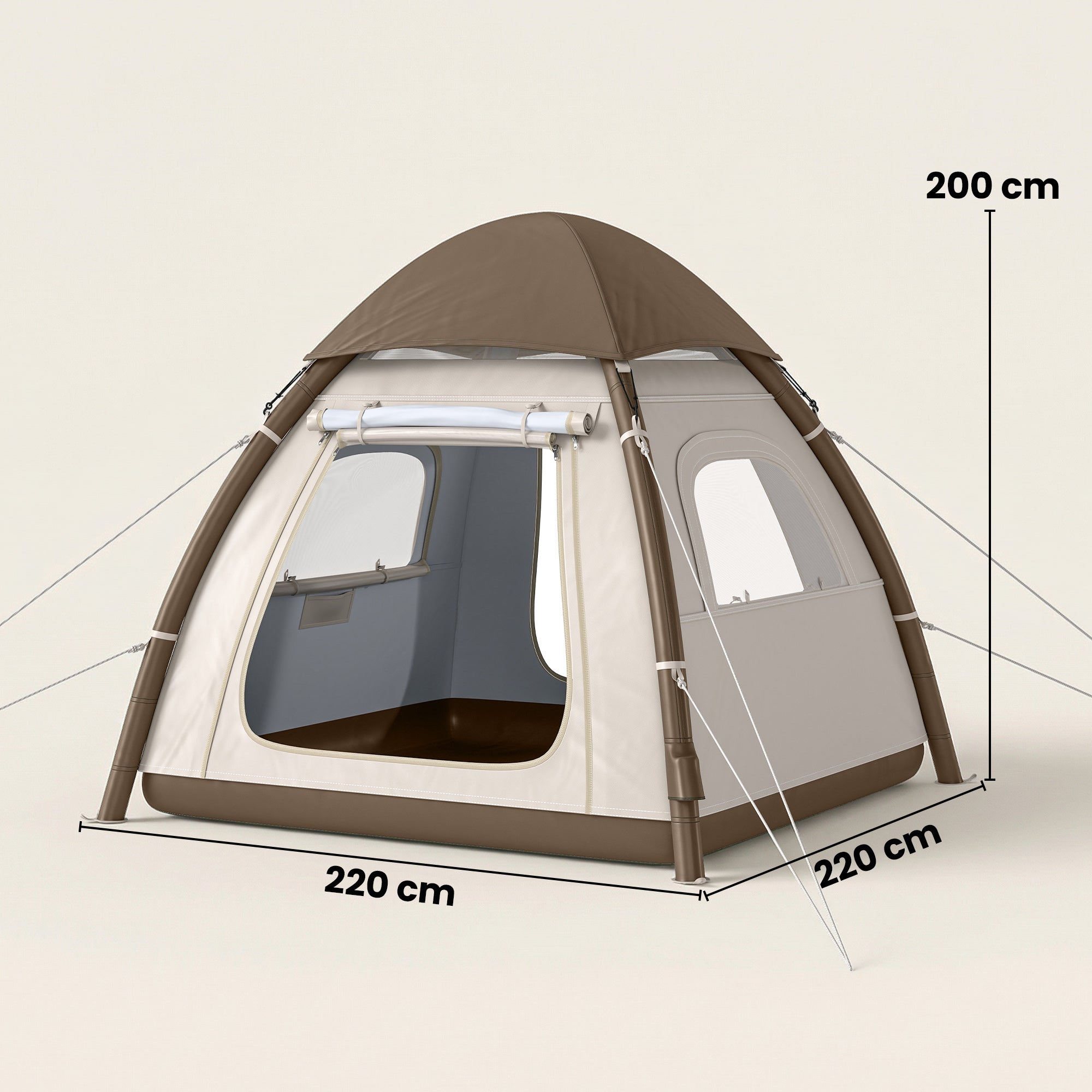 Beige and brown two-tone outsunny inflatable camping tent with reinforced poles and transparent window panels