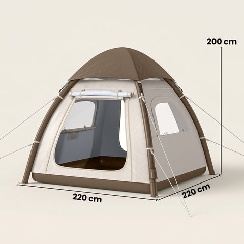 Beige and brown two-tone outsunny inflatable camping tent with reinforced poles and transparent window panels