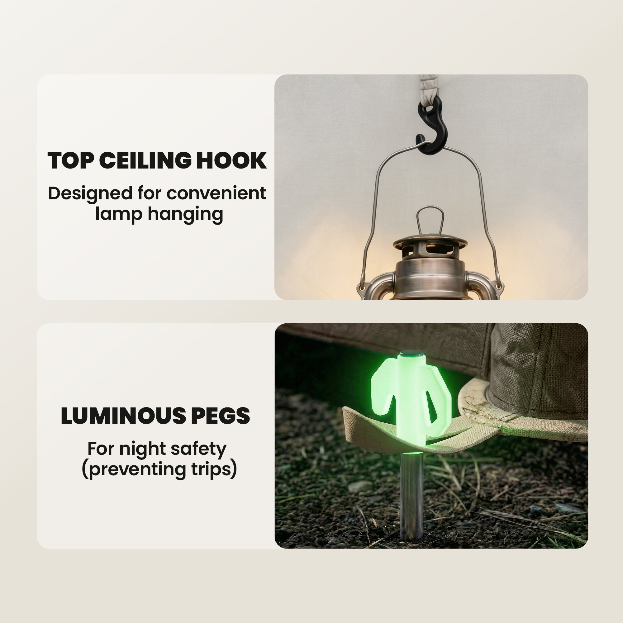 A sleek metallic lantern with curved handle and hook for ceiling hanging inside a cream outsunny inflatable camping tent