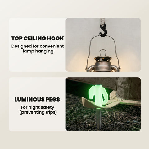 A sleek metallic lantern with curved handle and hook for ceiling hanging inside a cream outsunny inflatable camping tent